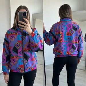 VTG 80s 90s Bold Spirit Geometric Aztec Windbreaker Jacket Womens Large Purple